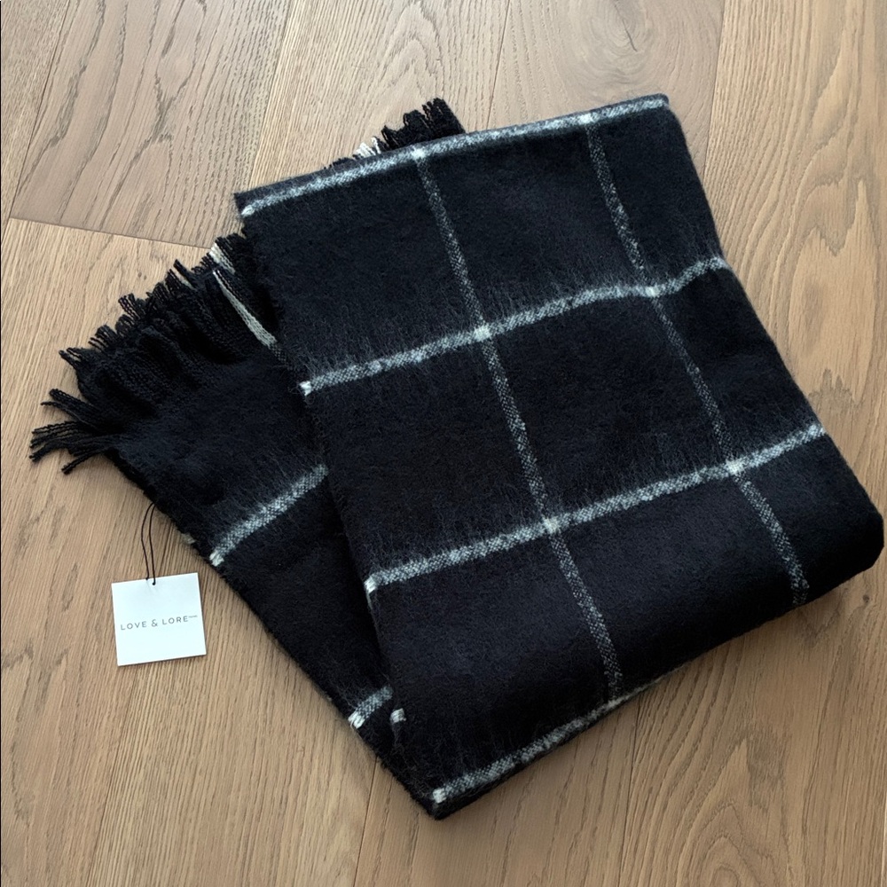 Love & Lore Mohair Plaid Scarf. Black and White. NWT.